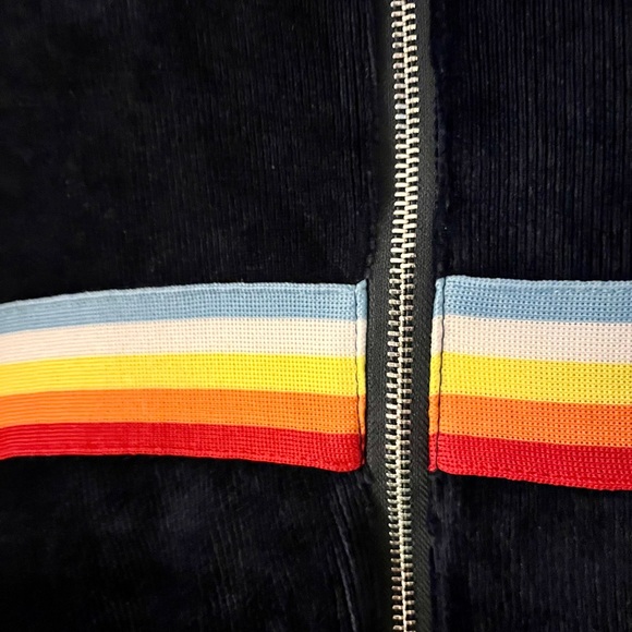 POL Navy Blue Textured Corduroy Mock Neck Zip Up Rainbow Detail Pullover - Picture 2 of 5